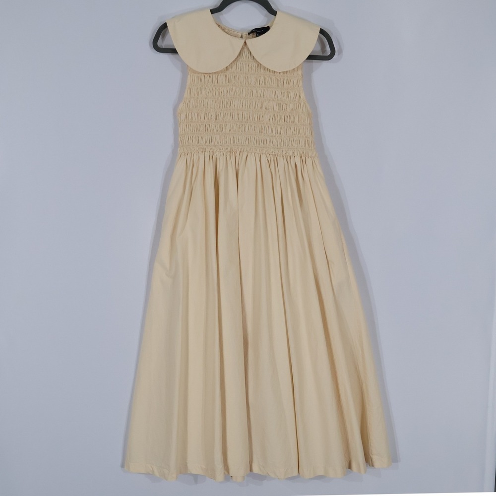 En Saison Smocked Peter Pan Collar Dress Womens Medium Cream Cottagecore Pockets